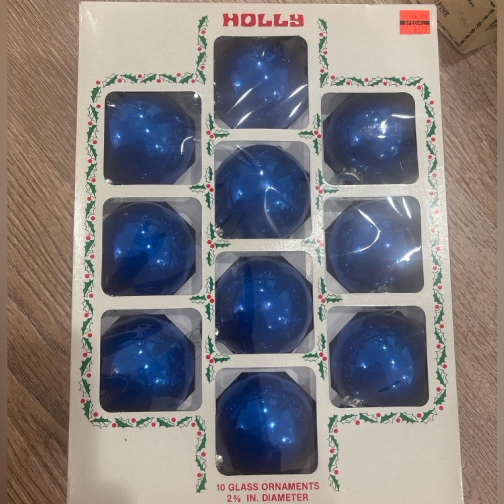Vintage Holly American Made‎ Blue Glass Christmas Ornaments Set of 10 Boxed